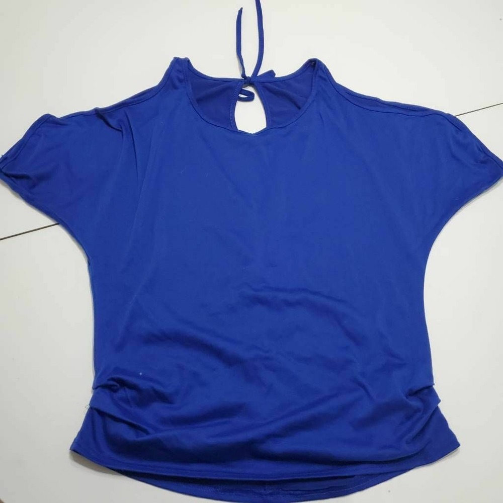 Shein Womens Blouse Blue Short Sleeve Scoop Neck Ruched Back Tie Top S
